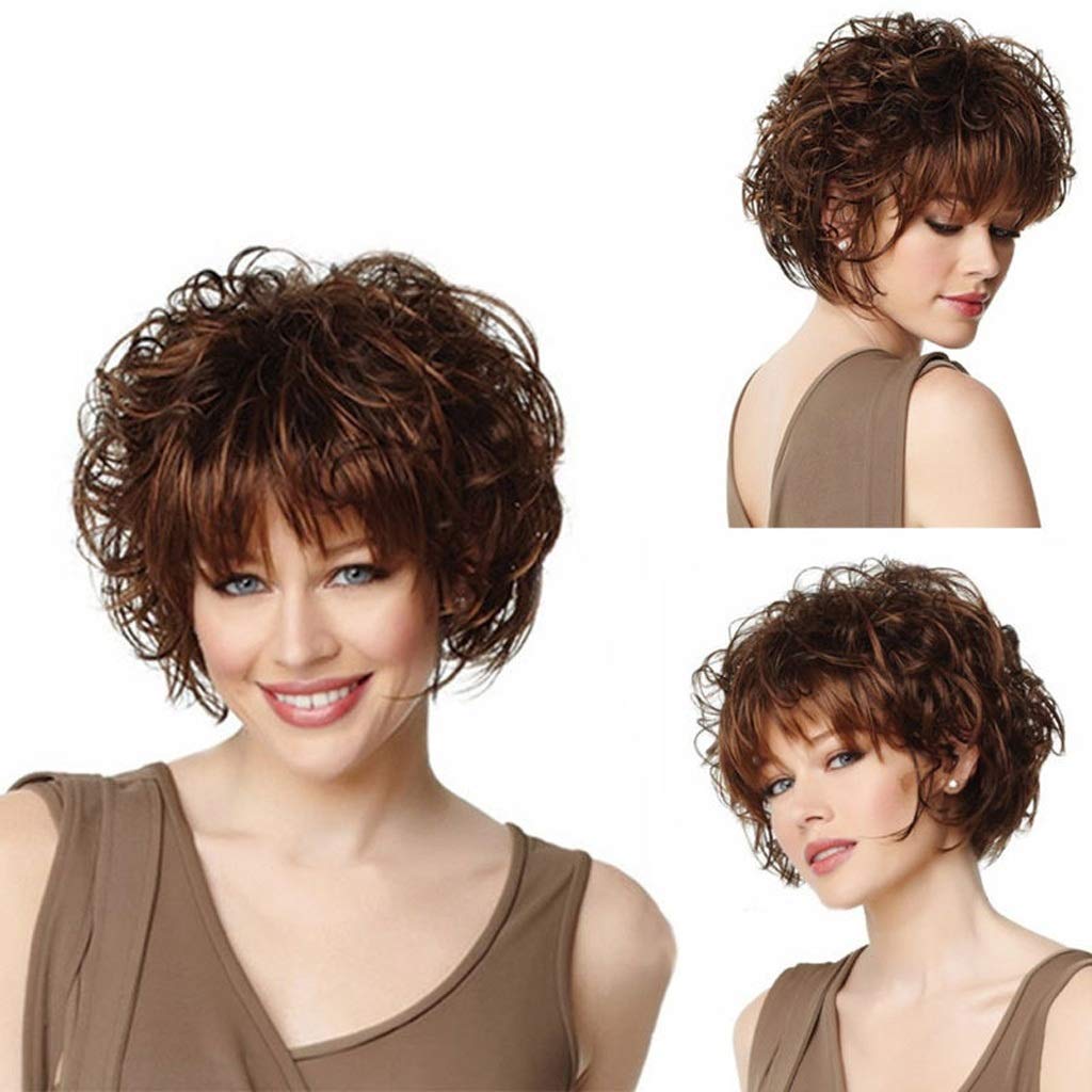 Fashion lady short curly hair Realistic wig fluffy short hair wig-Brown
