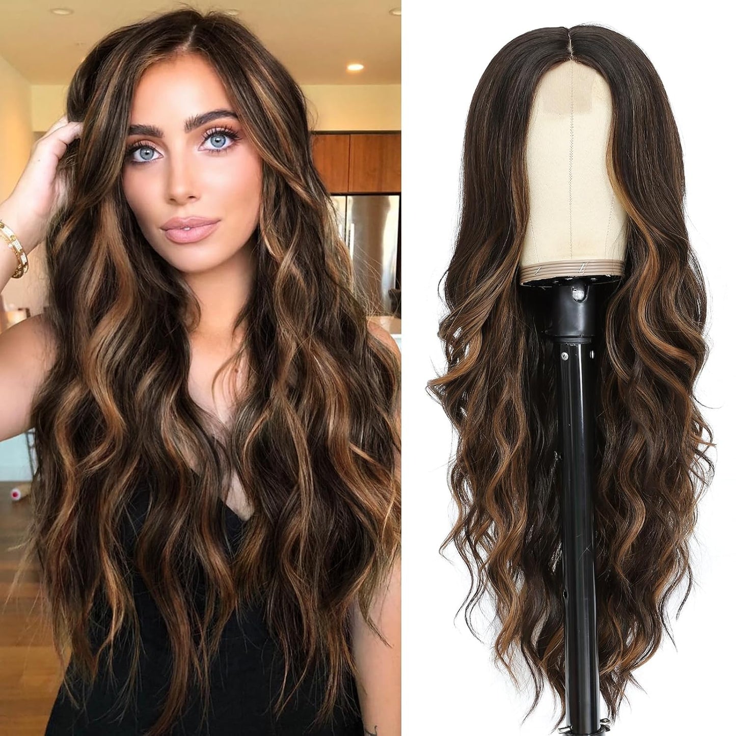 Long Ombre Wavy Wig for Women 26 Inch Middle Part Curly Wavy Wig