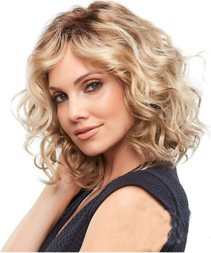 Wigs Shoulder Length Side Part Lace Front Short Wavy Hair Bob Wigs for Women，Golden Brown Gradient Breathable Wigs