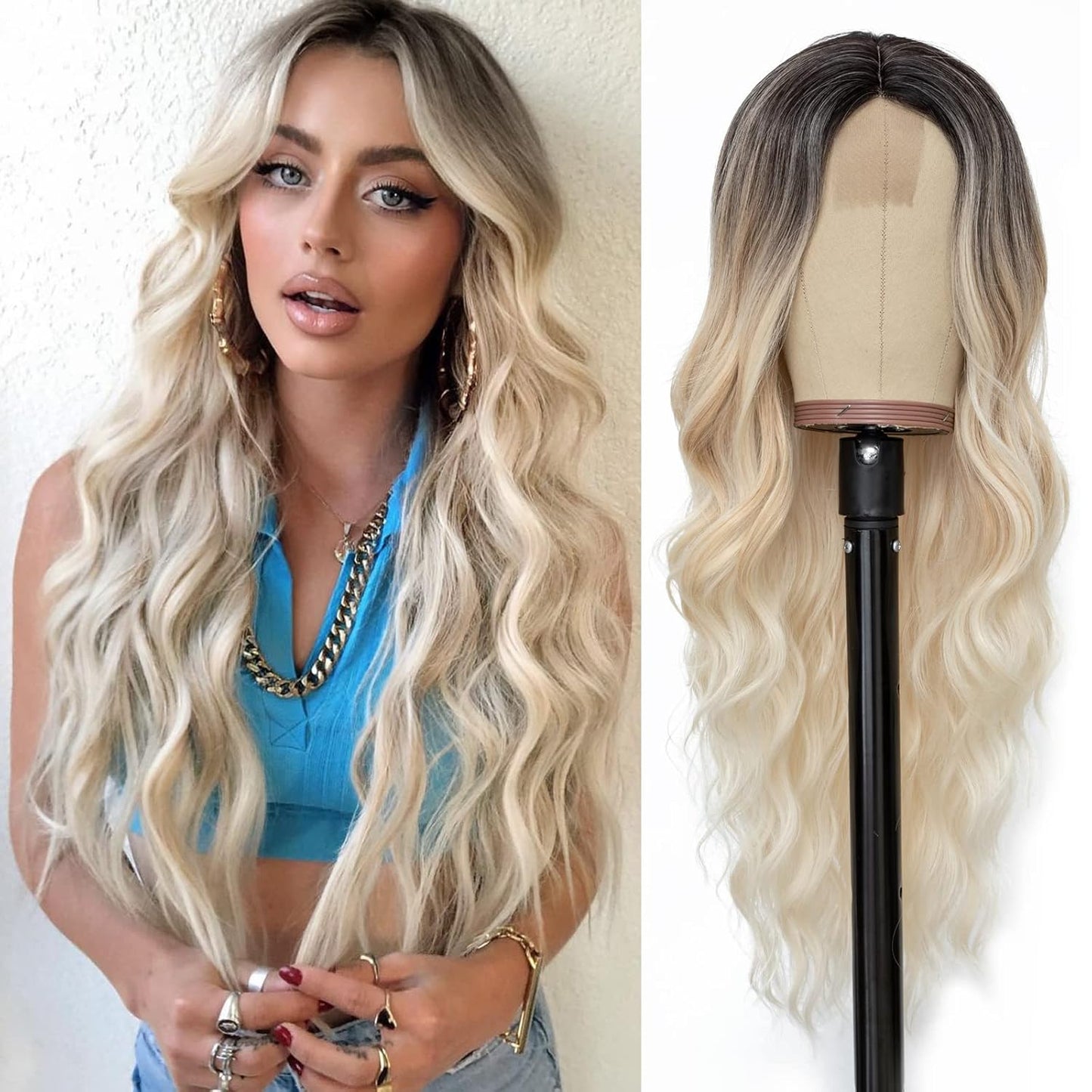 Long Ombre Wavy Wig for Women 26 Inch Middle Part Curly Wavy Wig