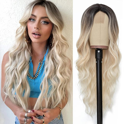 Long Ombre Wavy Wig for Women 26 Inch Middle Part Curly Wavy Wig