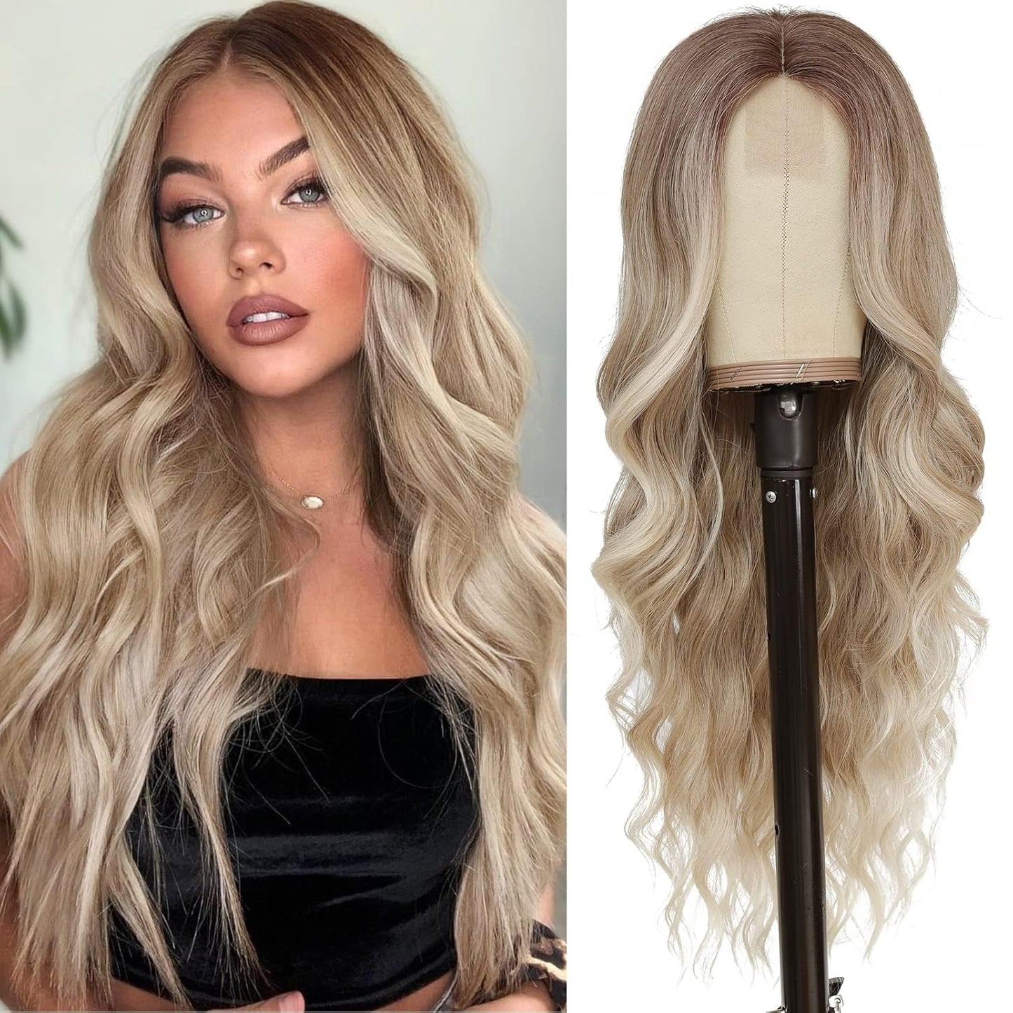 Long Ombre Wavy Wig for Women 26 Inch Middle Part Curly Wavy Wig