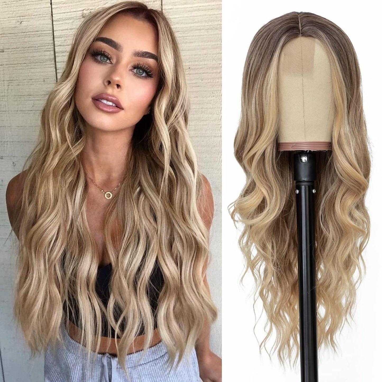 Long Ombre Wavy Wig for Women 26 Inch Middle Part Curly Wavy Wig