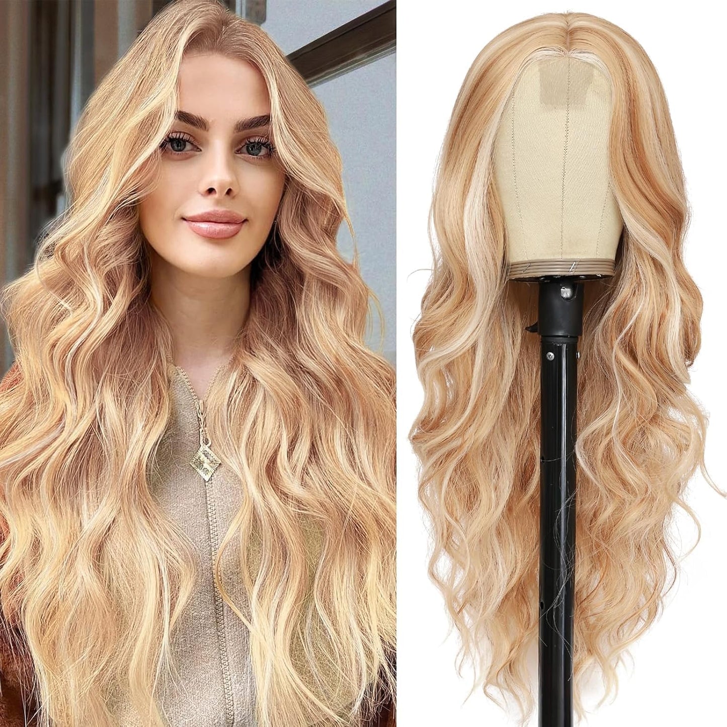 Long Ombre Wavy Wig for Women 26 Inch Middle Part Curly Wavy Wig