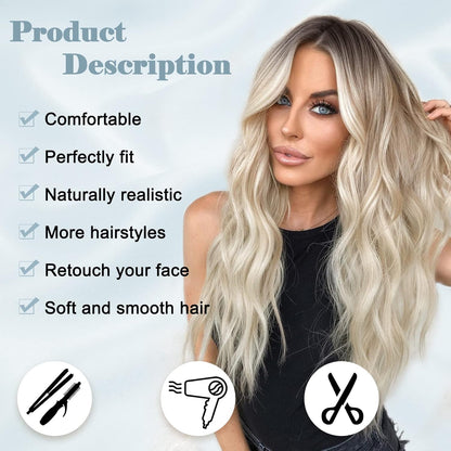 Long Ombre Wavy Wig for Women 26 Inch Middle Part Curly Wavy Wig