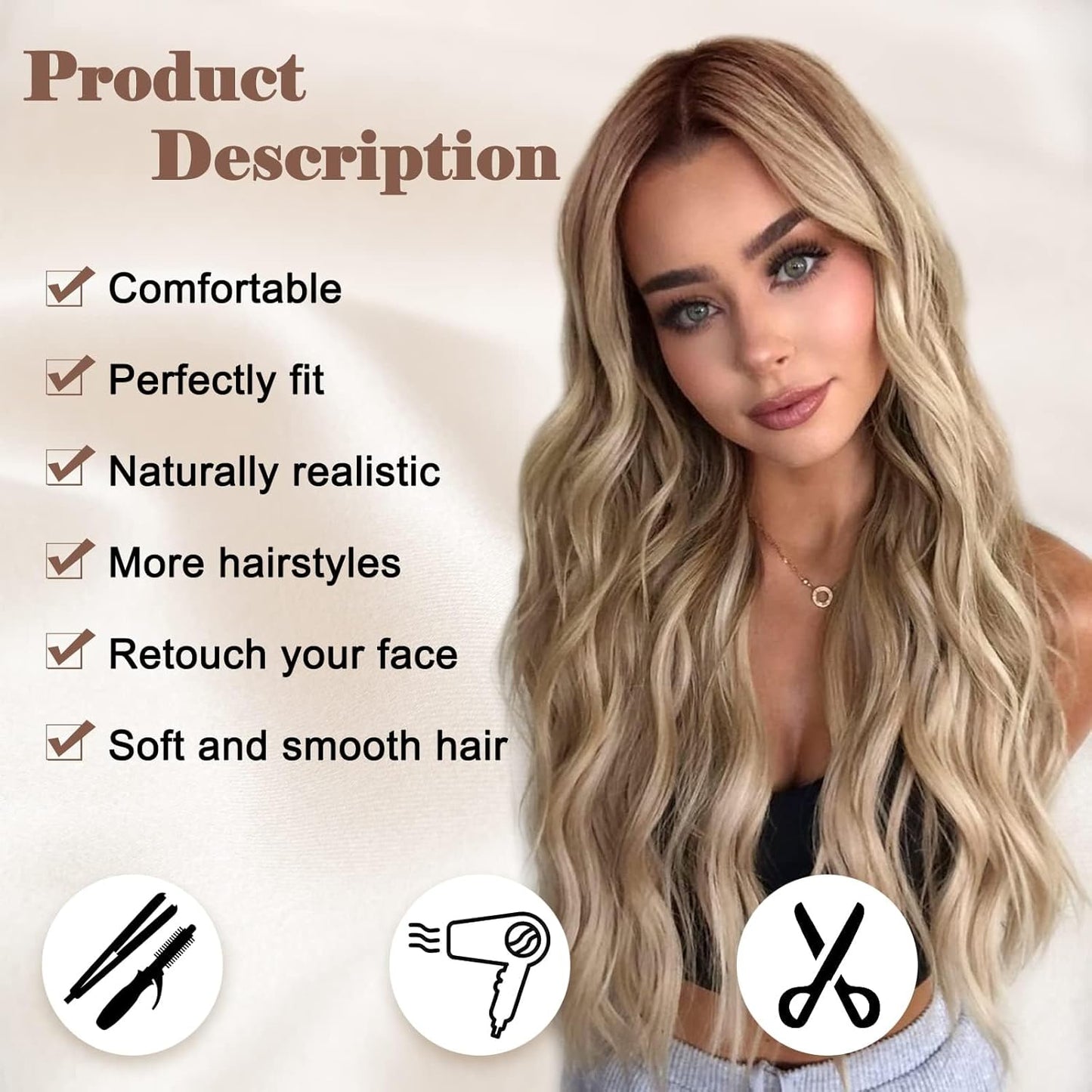 Long Ombre Wavy Wig for Women 26 Inch Middle Part Curly Wavy Wig