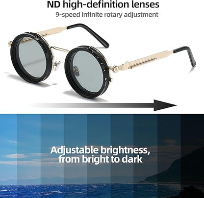 Adjustable Tint Sunglasses, 1-9 Gears Steampunk Retro Metal Round Polarized Glasses.