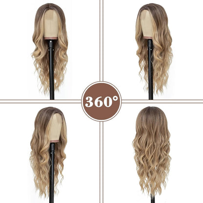 Long Ombre Wavy Wig for Women 26 Inch Middle Part Curly Wavy Wig