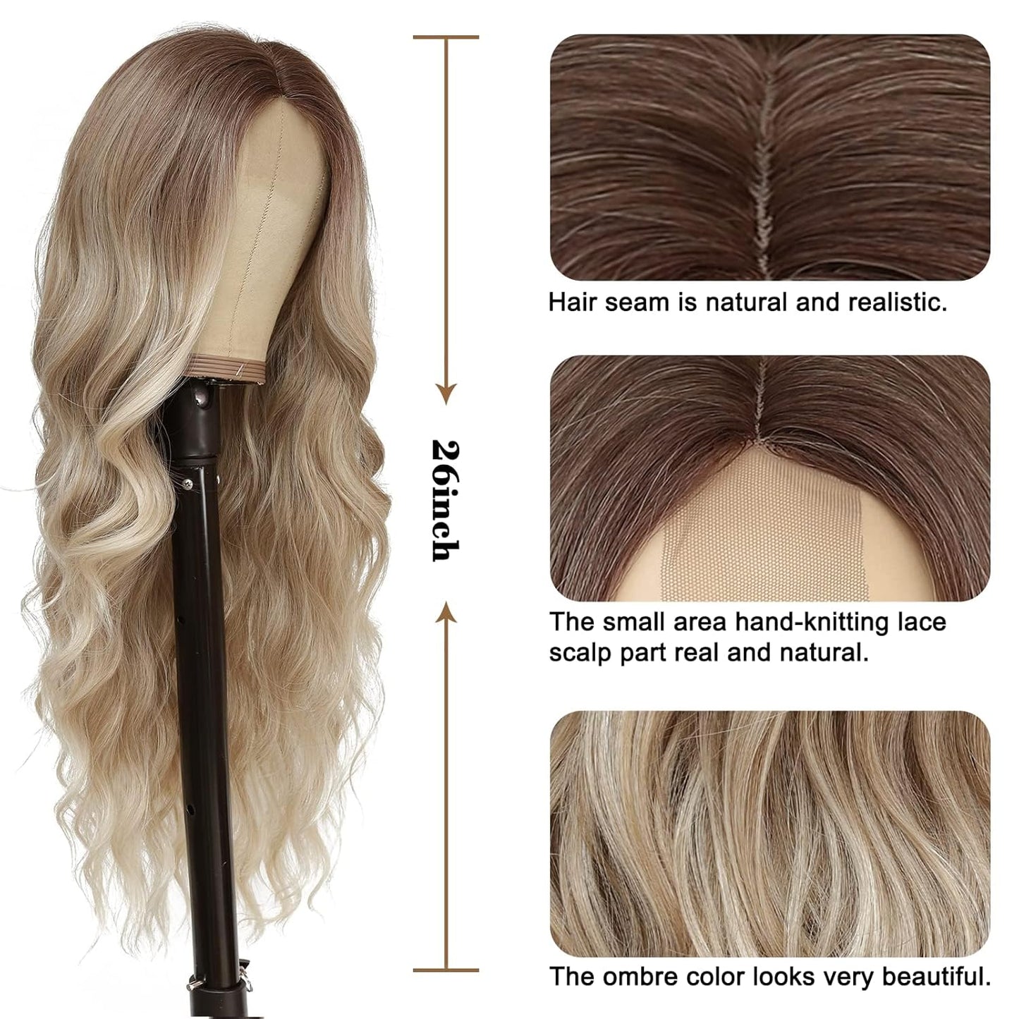 Long Ombre Wavy Wig for Women 26 Inch Middle Part Curly Wavy Wig