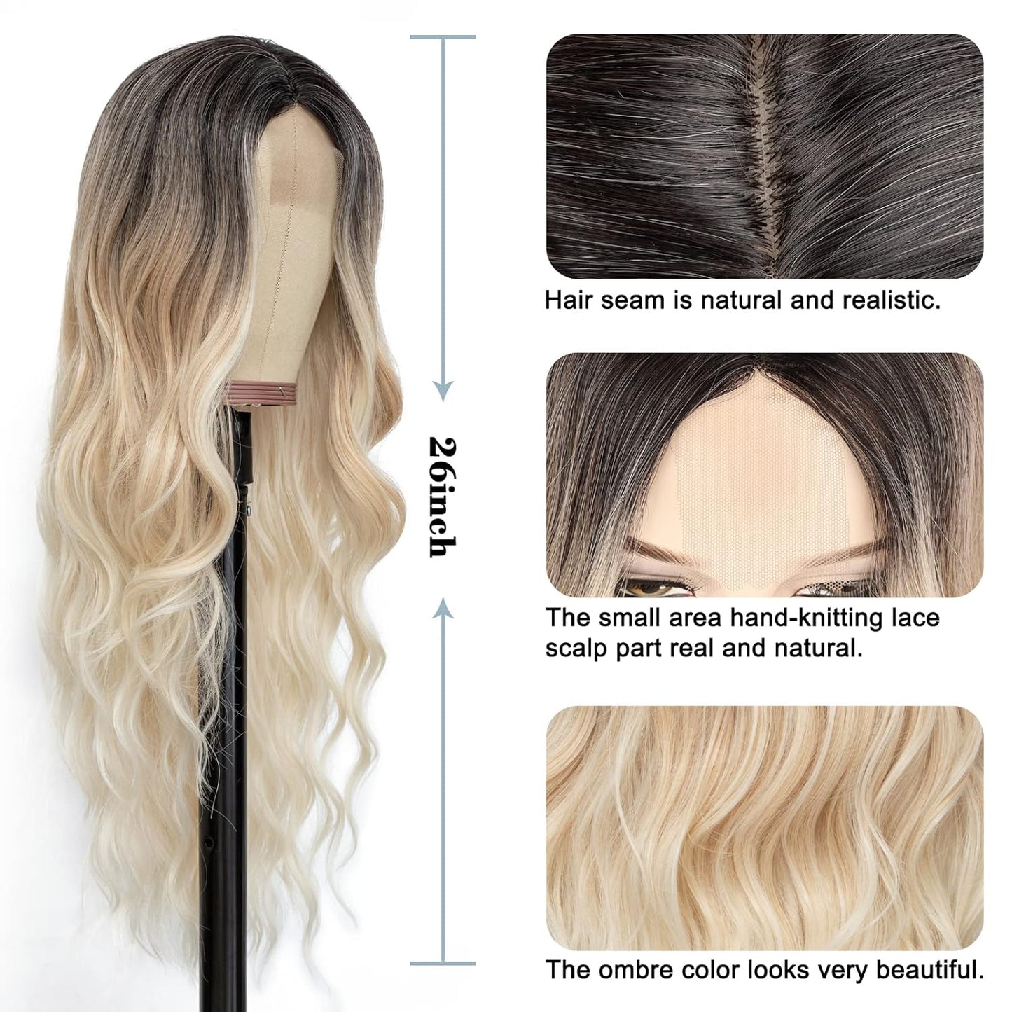 Long Ombre Wavy Wig for Women 26 Inch Middle Part Curly Wavy Wig