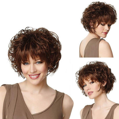 Fashion lady short curly hair Realistic wig fluffy short hair wig-Brown