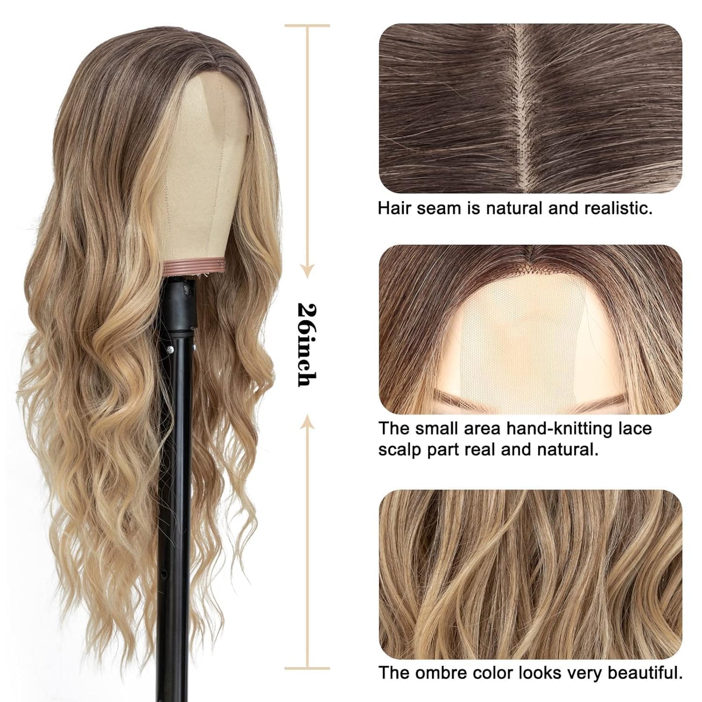 Long Ombre Wavy Wig for Women 26 Inch Middle Part Curly Wavy Wig