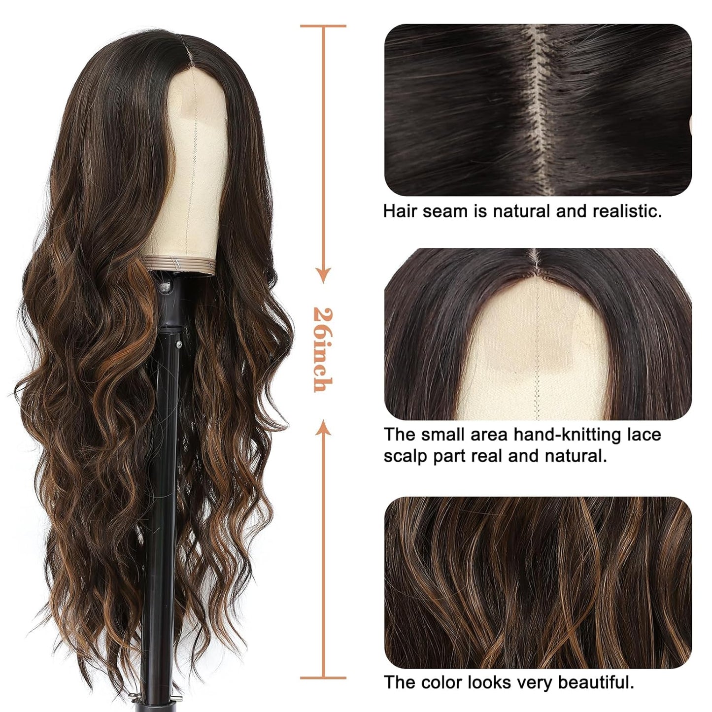 Long Ombre Wavy Wig for Women 26 Inch Middle Part Curly Wavy Wig