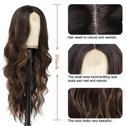Long Ombre Wavy Wig for Women 26 Inch Middle Part Curly Wavy Wig