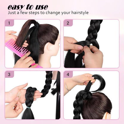 2PCS Long Braided Ponytail Extension with Hair Tie Fluffy Wrap Around DIY Wig