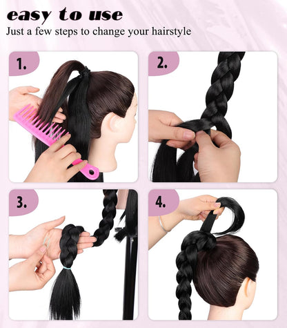 2PCS Long Braided Ponytail Extension with Hair Tie Fluffy Wrap Around DIY Wig