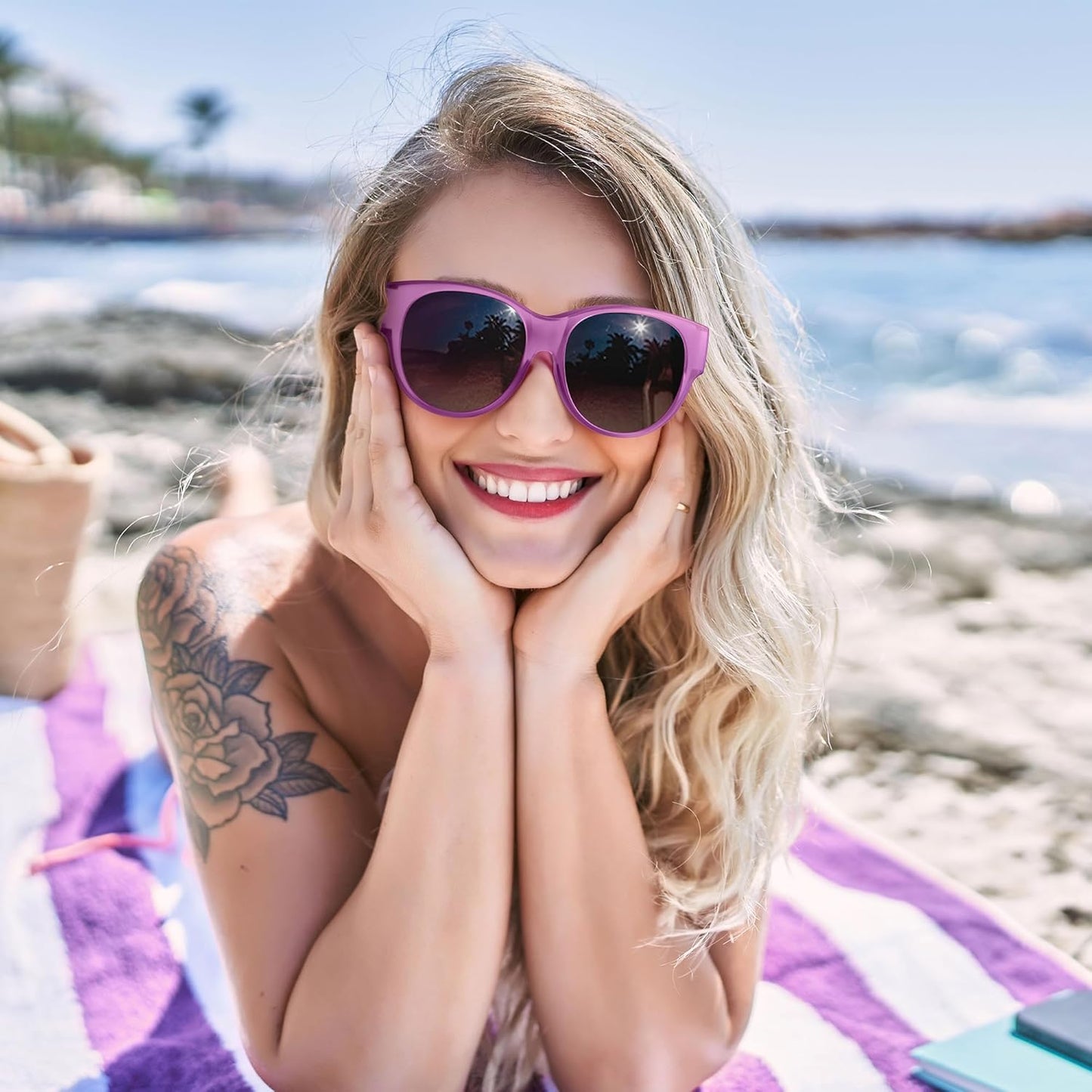 Sunglasses Fit Over Glasses for Women,Protection Sun Glasses Trendy Round Cat Eye.